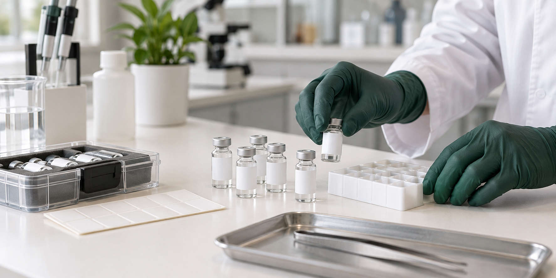 Gloved laboratory technician organizing blank-labeled vials and preparation supplies on a bright workbench.