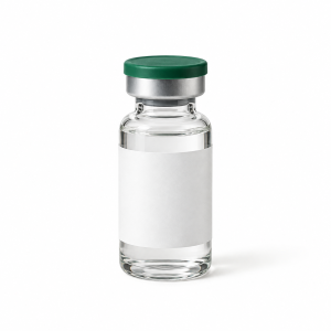 Blank-labeled clear laboratory vial with silver and deep green closure on a white background.