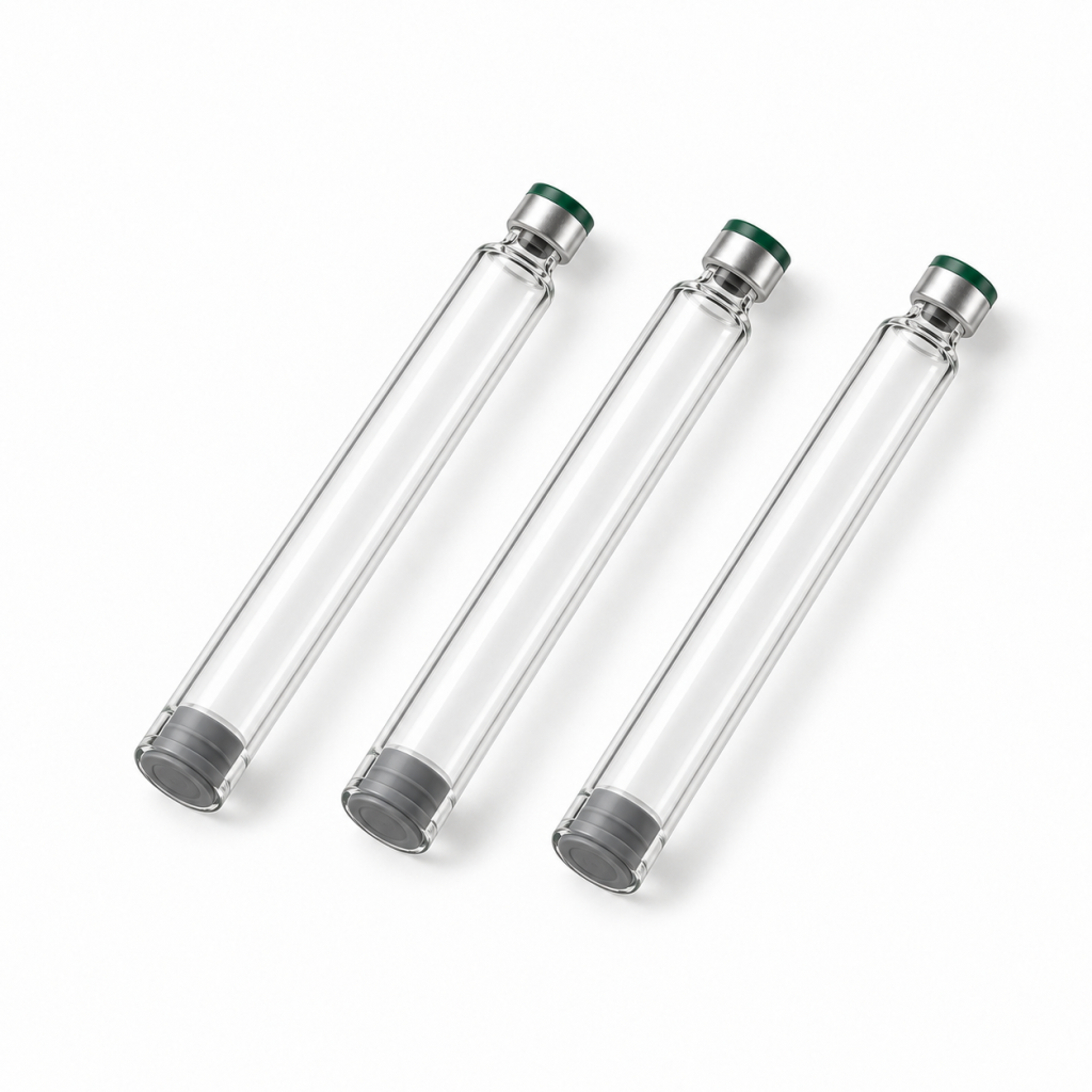 Three empty clear laboratory cartridges with gray plungers and silver closures on a white background.