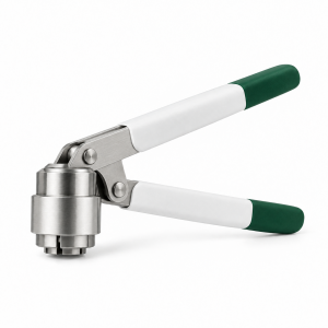Manual stainless laboratory hand crimper with white and deep green handles on a white background.