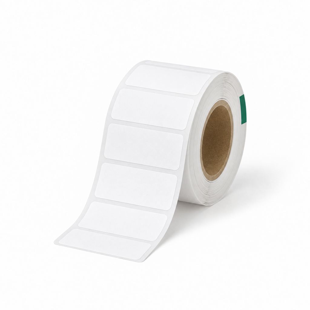 Roll of blank white laboratory identification labels with one deep green edge indicator on a white background.
