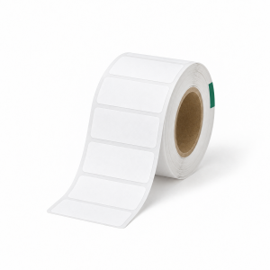 Roll of blank white laboratory identification labels with one deep green edge indicator on a white background.