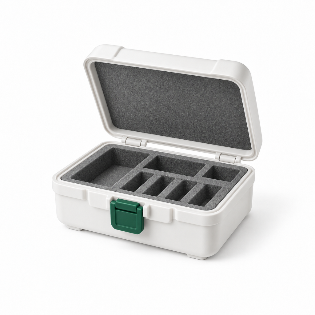 Open warm-white laboratory storage case with gray foam compartments and a deep green latch.