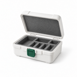 Open warm-white laboratory storage case with gray foam compartments and a deep green latch.