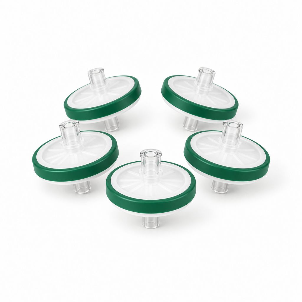 Five round laboratory syringe filters with clear connectors and deep green rings on a white background.