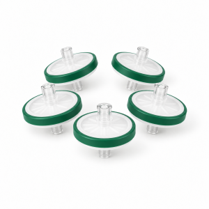 Five round laboratory syringe filters with clear connectors and deep green rings on a white background.