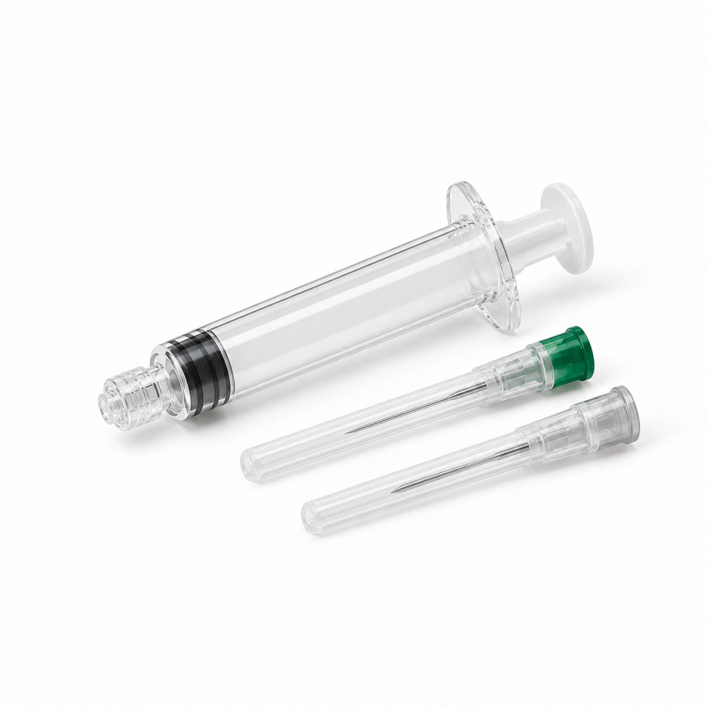 Generic clear preparation syringe beside two capped preparation needles on a white background.